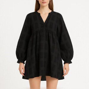 Umgee Black Textured Tunic Top Fits M-L Gauzy Boho Poet Sleeve Swing Mini Dress